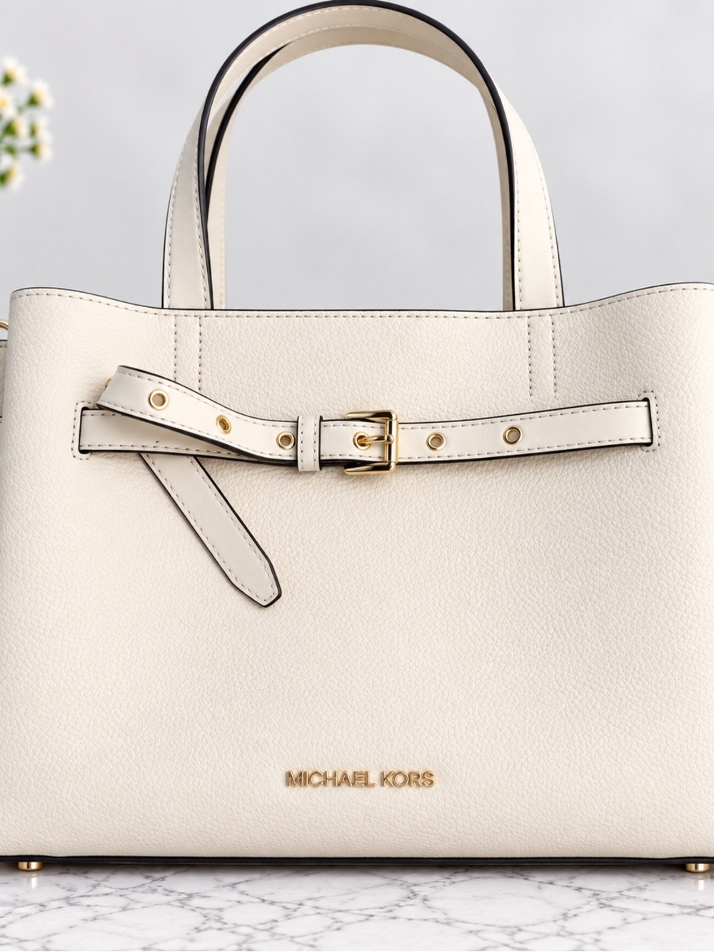 Michael Kors Cream Leather Belt-Accent Tote with Gold Hardware